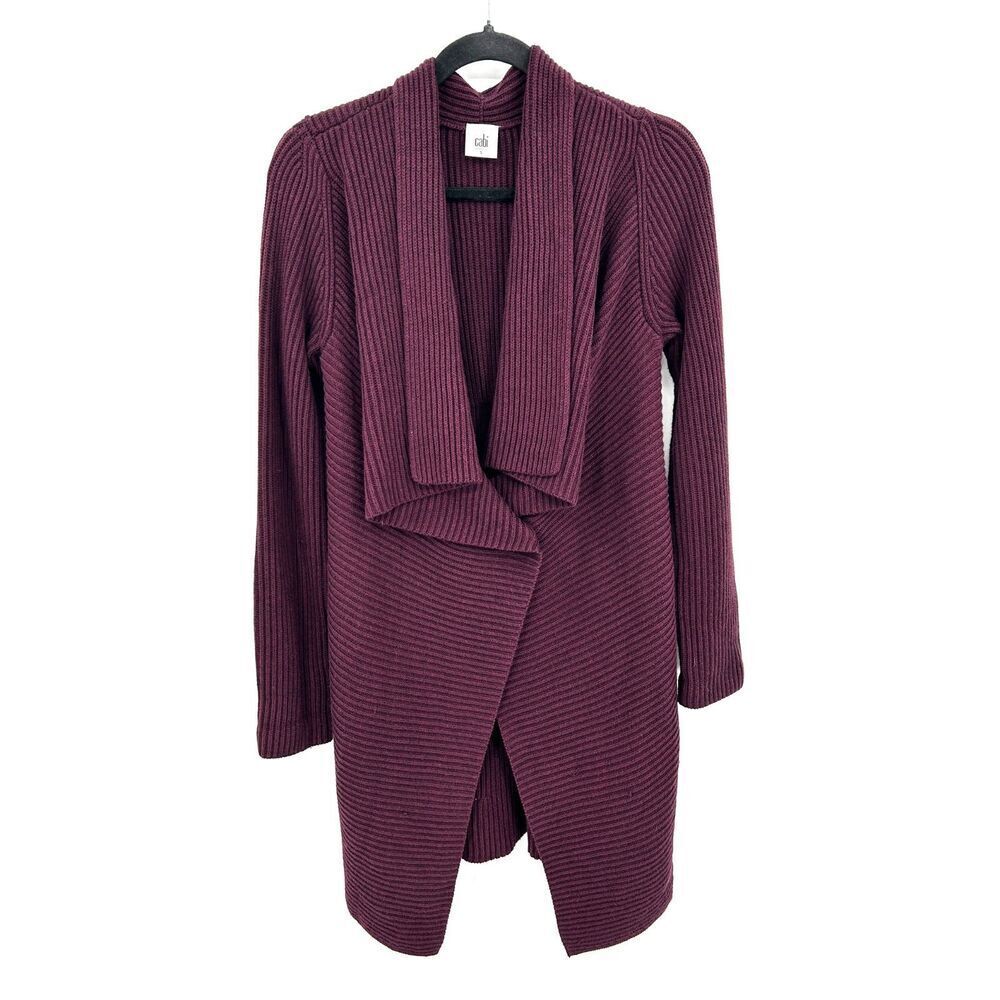 CABI Eggplant Purple Ribbed Knit Angora Blend Long Cardigan Sweater Size Small